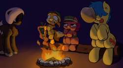 Size: 4320x2393 | Tagged: safe, artist:full stop, oc, oc only, oc:berry munch, oc:dulce deleche, oc:lemonpuffs, oc:mallowmelt, blank flank, campfire, camping, colt, female, filly, filly guides, food, high res, male, night