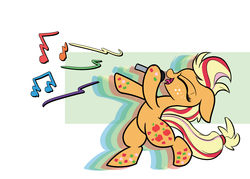 Size: 2800x2000 | Tagged: safe, artist:heir-of-rick, applejack, earth pony, pony, daily apple pony, g4, bipedal, eyes closed, female, hidden cane, high res, hoof hold, mare, microphone, rainbow power, singing, solo