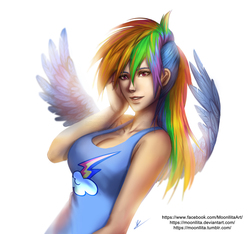Size: 900x843 | Tagged: safe, artist:moonllita, rainbow dash, human, g4, breasts, busty rainbow dash, clothes, female, hand on head, humanized, simple background, solo, spread wings, swimsuit, white background, winged humanization, wings
