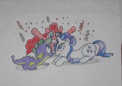 Size: 711x501 | Tagged: safe, artist:hillbe, pinkie pie, rarity, spike, dragon, earth pony, pony, unicorn, g4, confetti, female, male, mare, ship:sparity, shipping, smiling, straight, streamers, traditional art