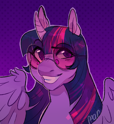 Size: 1593x1729 | Tagged: safe, artist:pearjamdoesstuff, twilight sparkle, alicorn, pony, g4, abstract background, bust, curved horn, female, glasses, horn, looking at you, mare, purple background, smiling, solo, spread wings, sunglasses, twilight sparkle (alicorn), wings