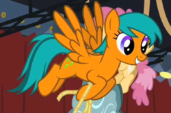 Size: 315x208 | Tagged: safe, screencap, dizzy twister, drizzledrips, orange swirl, pegasus, pony, g4, hearth's warming eve (episode), background pony, cropped, female, flying, hoof hold, mare, smiling, solo focus