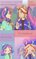Size: 1000x1624 | Tagged: safe, artist:theorderofalisikus, bon bon, sci-twi, sunset shimmer, sweetie drops, twilight sparkle, human, equestria girls, g4, bilight sparkle, bisexual pride flag, bisexuality, blush sticker, blushing, blushing profusely, comic, eared humanization, female, flag, human coloration, humanized, lesbian, lightly tanned skin, one sided shipping, pride, pride flag, pun, ship:sci-twishimmer, ship:sunsetsparkle, shipping, super deformed, that pony sure does love twilight sparkle, twisexual
