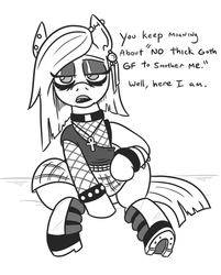 Size: 601x746 | Tagged: safe, artist:jargon scott, oc, oc only, oc:nada phase, earth pony, pony, ankh, boots, bracelet, clothes, dialogue, ear piercing, earring, eyeshadow, female, fishnet stockings, goth, grayscale, jewelry, lipstick, looking at you, makeup, mare, monochrome, necklace, piercing, plaid, plaid skirt, shoes, simple background, sitting, skirt, solo, spiked wristband, white background, wristband