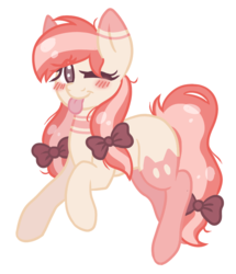 Size: 800x930 | Tagged: safe, artist:adostume, oc, oc only, earth pony, pony, blushing, bow, hair bow, raspberry, simple background, smiling, solo, tail bow, tongue out, transparent background