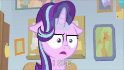 Size: 600x338 | Tagged: safe, edit, edited screencap, screencap, starlight glimmer, pony, unicorn, g4, marks for effort, :i, animated, caption, chocolate, cup, drinking, empathy cocoa, faic, female, floppy ears, food, gif, guidance counselor, hot chocolate, i mean i see, levitation, magic, marshmallow, shrunken pupils, solo, stare, starlight's office, telekinesis
