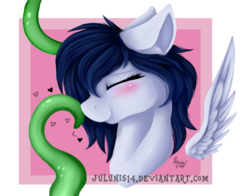 Size: 3252x2544 | Tagged: safe, artist:julunis14, oc, oc only, oc:graceful motion, pegasus, pony, blushing, bust, cute, eyes closed, floating heart, heart, high res, nuzzling, profile, simple background, smiling, tentacles, transparent background, wings, ych result