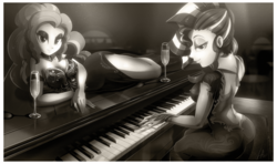 Size: 2566x1516 | Tagged: safe, artist:light262, adagio dazzle, sunset shimmer, equestria girls, g4, alcohol, bedroom eyes, black and white, champagne, champagne glass, clothes, dress, grayscale, lidded eyes, looking at you, monochrome, musical instrument, piano, retro, vintage, wine