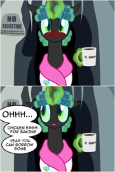 Size: 3320x4958 | Tagged: safe, artist:badumsquish, derpibooru exclusive, queen chrysalis, changeling, changeling queen, g4, :<, absurd resolution, alternate hairstyle, awkward, bathrobe, bbbff, blushing, cave, changeling hive, clothes, coffee, coffee mug, comic, cute, cutealis, dialogue, embarrassed, fangs, female, hair curlers, implied princess cadance, implied shining armor, levitation, looking at you, magic, misunderstanding, mommy chrissy, mug, offscreen character, pov, robe, sign, solo, talking to viewer, telekinesis