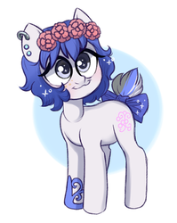 Size: 676x849 | Tagged: safe, artist:kapusha-blr, oc, oc only, earth pony, pony, bow, ear piercing, earring, floral head wreath, flower, jewelry, piercing, smiling, solo, sparkles, tail bow