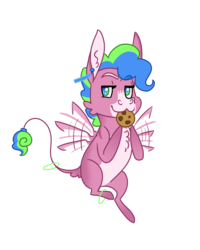 Size: 800x1000 | Tagged: safe, artist:jackiebloom, oc, oc only, oc:disco inferno, hybrid, mule, pegamule, cookie, food, leonine tail, male, mouth hold, offspring, parent:pinkie pie, simple background, solo, transparent background