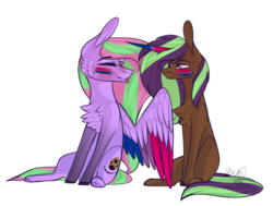 Size: 1210x916 | Tagged: safe, artist:sweetmelon556, oc, oc only, oc:night rose, oc:sweet melon, pegasus, pony, unicorn, bisexual pride flag, bisexuality, colored wings, female, mare, multicolored wings, pride, pride month, simple background, sitting, transparent background