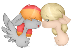Size: 1903x1300 | Tagged: safe, artist:pastel-midnootyt, oc, oc only, oc:arian blaze, oc:vital sparkle, chest fluff, female, lesbian, shipping, simple background, tongue out, transparent background