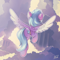 Size: 2200x2200 | Tagged: safe, artist:freeedon, cloudchaser, pegasus, pony, g4, cloud, female, flying, high res, mare, rear view, sky, solo, spread wings, underhoof, wings