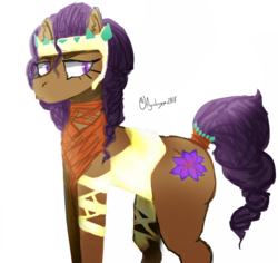 Size: 1113x1049 | Tagged: safe, alternate version, artist:itzdatag0ndray, saffron masala, pony, g4, alternate hairstyle, armor, choker, clothes, ear fluff, female, helmet, scarf, simple background, solo