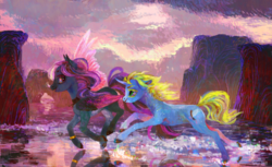 Size: 800x488 | Tagged: safe, artist:wolfiedrawie, oc, oc only, oc:art's desire, pegasus, pony, unicorn, beach, colorful, duo, galloping, mesa, painting, racing, running, splash, splashing, water, ych result