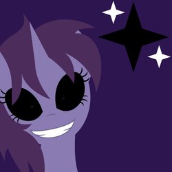 Size: 894x894 | Tagged: safe, artist:demonreapergirl, oc, oc only, oc:dimmed star, pony, unicorn, fanfic:the power of the equinox, black sclera, bust, cutie mark background, equinox ponies, fanfic, fanfic art, female, grin, horn, lineless, looking at you, mare, portrait, purple background, simple background, smiling, solo