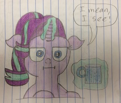 Size: 2880x2448 | Tagged: safe, artist:smurfettyblue, derpibooru exclusive, starlight glimmer, pony, unicorn, g4, marks for effort, :i, cup, empathy cocoa, female, floppy ears, glowing horn, high res, horn, i mean i see, lined paper, magic, mug, solo, speech bubble, telekinesis, text, traditional art