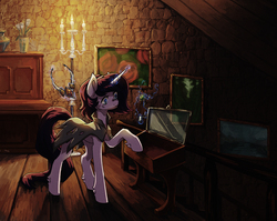 Size: 3040x2422 | Tagged: safe, artist:koviry, oc, oc only, pony, unicorn, candle, chest, clothes, female, glowing horn, high res, horn, indoors, jewelry, looking at something, magic, mare, musical instrument, necklace, painting, piano, room, solo, sorting, telekinesis, wood