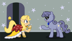 Size: 1999x1139 | Tagged: safe, artist:magerblutooth, oc, oc:dazzle, oc:peal, pony, unicorn, comic:diamond and dazzle, clothes, collar, dress, sunglasses