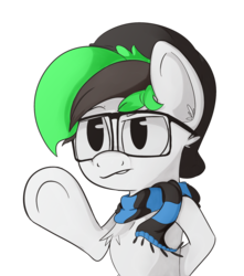 Size: 1677x1893 | Tagged: safe, artist:narmet, oc, oc only, oc:scarfinson, pony, beanie, chest fluff, clothes, glasses, hat, hipster, nerd, scarf, simple background, solo, transparent background