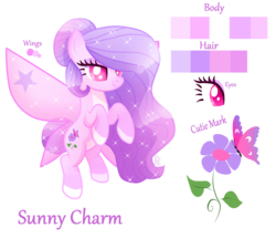Size: 1496x1286 | Tagged: safe, artist:sugaryicecreammlp, oc, oc only, oc:sunny charm, earth pony, pony, female, glimmer wings, mare, reference sheet, simple background, solo, sparkly wings, transparent background