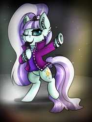 Size: 1129x1500 | Tagged: safe, artist:deraniel, coloratura, earth pony, pony, g4, alternate hairstyle, bipedal, clothes, countess coloratura, ear fluff, fluffy, one eye closed, singing, standing, wink