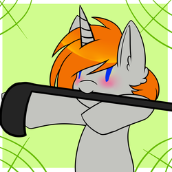 Size: 1500x1500 | Tagged: safe, artist:cammyshypai, oc, oc only, oc:disterious, pony, unicorn, blue eyes, blushing, cute, hockey stick, horn, male, orange mane, simple background, solo