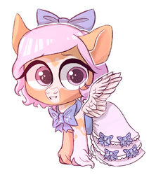 Size: 584x657 | Tagged: safe, artist:kapusha-blr, pegasus, pony, bow, chibi, clothes, dress, hair bow, smiling, solo, unshorn fetlocks