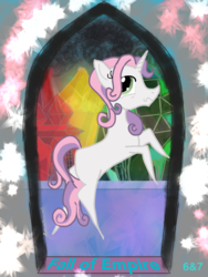 Size: 768x1024 | Tagged: safe, artist:sixes&sevens, derpibooru exclusive, sweetie belle, pony, unicorn, fanfic:fall of empire, g4, crystal, crystal empire, dark sky, fanfic, fanfic art, fanfic cover, female, scared