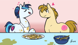 Size: 1280x752 | Tagged: safe, artist:rwl, donut joe, shining armor, pony, g4, alternate hairstyle, apron, baking, bowl, clothes, duo, eyes closed, gay, get, heart, male, man bun, messy, shiningjoe, shipping, spoon