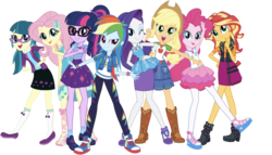 Size: 1970x1123 | Tagged: safe, artist:flameprincess3535, editor:php77, applejack, fluttershy, juniper montage, pinkie pie, rainbow dash, rarity, sci-twi, sunset shimmer, twilight sparkle, equestria girls, equestria girls specials, g4, my little pony equestria girls: better together, converse, humane five, humane seven, humane six, sandals, shoes, simple background, sneakers, transparent background