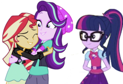 Size: 2048x1403 | Tagged: safe, editor:php77, sci-twi, starlight glimmer, sunset shimmer, twilight sparkle, equestria girls, equestria girls specials, g4, my little pony equestria girls: mirror magic, arm behind back, beanie, hat, hug, simple background, transparent background
