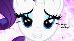 Size: 1280x720 | Tagged: safe, edit, edited screencap, screencap, rarity, pony, unicorn, g4, season 2, secret of my excess, bedroom eyes, bronybait, cute, darling, female, grin, half-closed eyes, hug, lip bite, looking at you, mare, raribetes, smiling, smiling at you, solo, sparkly background, text