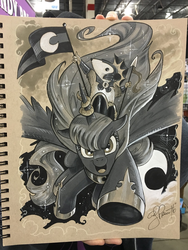 Size: 1536x2048 | Tagged: safe, artist:andypriceart, princess luna, tiberius, alicorn, opossum, pony, g4, action pose, andy you magnificent bastard, crown, female, flag, helmet, hoof shoes, jewelry, looking at you, mare, monochrome, night guard armor, open mouth, regalia, spear, traditional art, weapon