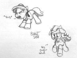 Size: 2442x1832 | Tagged: safe, artist:binkyt11, daring do, doctor caballeron, pony, g4, stranger than fan fiction, derp, female, googly eyes, he's trying his best, male, mare, monochrome, plushie, speech bubble, stallion, stretching, tired, traditional art, trotting, yawn