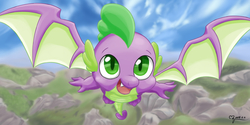 Size: 3000x1500 | Tagged: safe, artist:jewelpetgarnet, spike, dragon, g4, molt down, flying, looking at you, male, solo, winged spike, wings