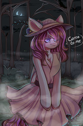 Size: 1393x2116 | Tagged: safe, artist:crybaby, oc, oc only, oc:luscious desire, anthro, arm hooves, bipedal, breasts, cleavage, clothes, cottagecore, cute, dark, dialogue, dress, female, flower, fog, forest, glowing eyes, hat, mist, moon, solo, sundress