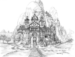 Size: 1400x1082 | Tagged: safe, artist:baron engel, architecture, building, grayscale, monochrome, no pony, pencil drawing, school of friendship, traditional art, waterfall