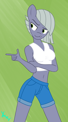 Size: 1080x1920 | Tagged: safe, artist:yenchey, limestone pie, anthro, g4, belly button, breasts, busty limestone pie, clothes, digital art, female, finger gun, short shirt, shorts, simple background, solo