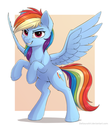 Size: 1337x1535 | Tagged: safe, artist:deltauraart, rainbow dash, pegasus, pony, g4, abstract background, belly button, bipedal, chest fluff, cute, dashabetes, ear fluff, female, leg fluff, looking at you, mare, rearing, redraw, solo, spread wings, tan background, wing fluff, wings