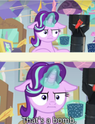 Size: 1000x1300 | Tagged: safe, edit, edited screencap, screencap, starlight glimmer, pony, unicorn, g4, marks for effort, bomb, captain obvious, caption, faic, female, floppy ears, i mean i see, implied death, meme, nonchalant, obvious, oh no, solo, this will end in communism, this will end in death, this will end in tears and/or death, truth, unfazed, video game, war thunder, weapon, world war ii