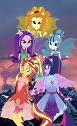 Size: 701x1141 | Tagged: dead source, safe, artist:php77, editor:php77, adagio dazzle, aria blaze, sci-twi, sonata dusk, sunset shimmer, twilight sparkle, equestria girls, equestria girls specials, g4, my little pony equestria girls: better together, my little pony equestria girls: forgotten friendship, my little pony equestria girls: rainbow rocks, fin wings, ponied up, pony ears, super ponied up, the dazzlings, wallpaper