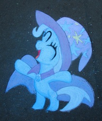 Size: 1373x1629 | Tagged: safe, artist:malte279, trixie, pony, g4, cape, chalk drawing, clothes, eyes closed, female, hat, open mouth, solo, traditional art, trixie's cape, trixie's hat