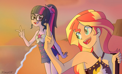 Size: 3538x2131 | Tagged: safe, artist:xan-gelx, sci-twi, sunset shimmer, twilight sparkle, equestria girls, equestria girls specials, g4, my little pony equestria girls: better together, my little pony equestria girls: forgotten friendship, beach, clothes, duo, female, glasses, high res, ocean, open mouth, peace sign, sand, smiling, sunset, swimsuit