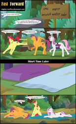 Size: 1500x2433 | Tagged: safe, artist:mighty-muffins, apple bloom, scootaloo, sweetie belle, earth pony, pony, g4, bush, comic, cutie mark, cutie mark crusaders, dialogue, female, fence, forest, long hair, older, rock, saddle bag, sign, signature, small head, sweetie belle is not amused, teenage apple bloom, teenage scootaloo, teenage sweetie belle, teenager, towel, tree, unamused, water, wet, wet mane