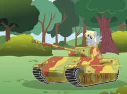 Size: 1843x1369 | Tagged: safe, artist:pizzamovies, derpibooru exclusive, derpy hooves, pegasus, pony, g4, camouflage, cannon, epic derpy, female, food, forest, german, grass, mare, muffin, panther (tank), panzer v, scrunchy face, solo, tank (vehicle), tree, vector