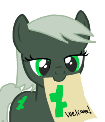 Size: 620x720 | Tagged: safe, artist:nightshadowmlp, oc, oc only, oc:deviantart, earth pony, pony, base used, deviantart, meta, mouth hold, ponified, sign, smiling, solo