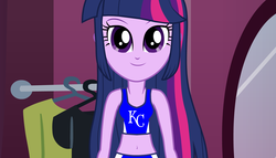 Size: 1680x958 | Tagged: safe, twilight sparkle, equestria girls, g4, baseball, belly button, dressup, female, flash game, front view, kansas city royals, mlb, smiling, solo, sports