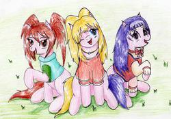 Size: 2746x1908 | Tagged: safe, artist:40kponyguy, derpibooru exclusive, earth pony, pony, caramella girls, clothes, grass, looking at you, one eye closed, pigtails, ponified, raised hoof, traditional art, twintails